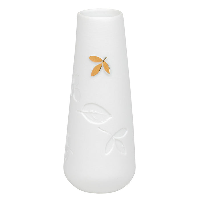Vase en porcelaine blanche avec gravure feuille et une feuille dorée 4avril