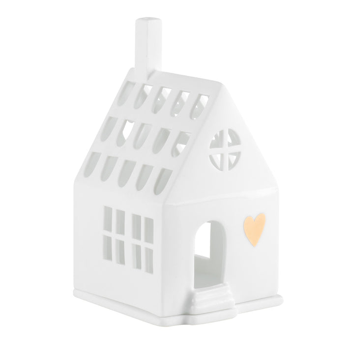 photophore en porcelaine en forme de maison, face avec porte et coeur doré