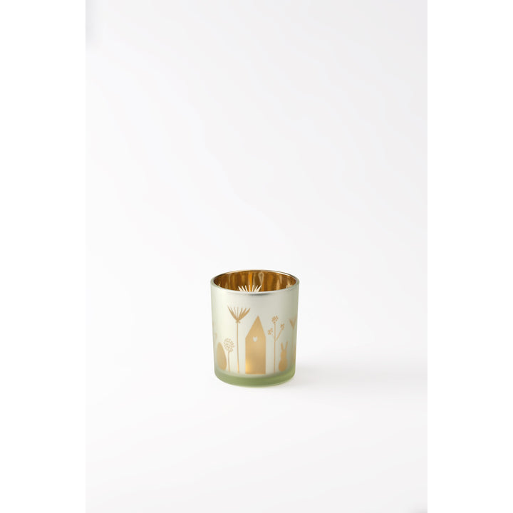 Photophore vert clair intérieur doré, motif Pâques maison fleurs 4avril