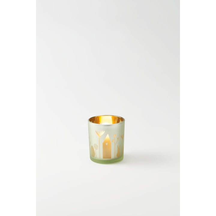 Photophore allumé vert clair intérieur doré, motif Pâques maison fleurs 4avril