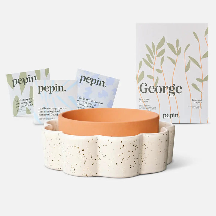 pot blanc grainé avec pot terre cuite 3 sachets de graines 4avril