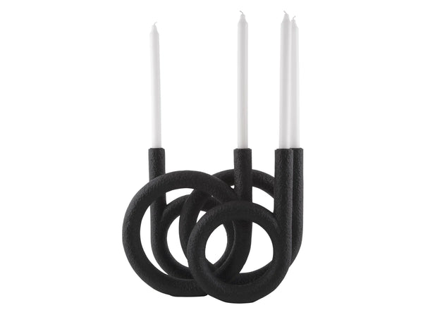 Bougeoir noir en forme de boucles avec bougies blanches 4avril